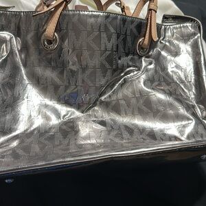 Michael Kors Silver and Tan Tote Bag